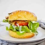 Hamburger with sesame seed bun and sauce drizzled on lettuce on white plate
