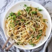 Anchovy Spaghetti on a white plate