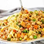 Spoon in plate of fried rice with sliced green onions.