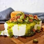 Gherkin Dip on timber board with crackers