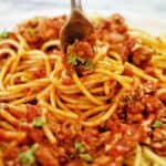 Fork being twirled in lamb bolognese spaghetti on white plate