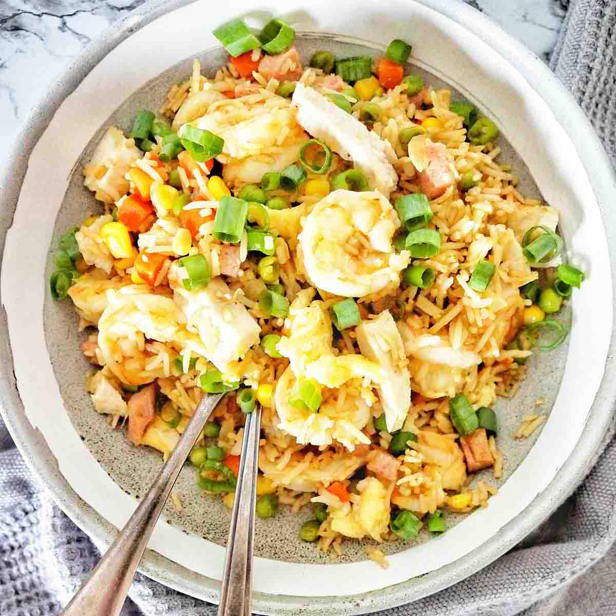 Fried rice in grey bowl with shrimp and chicken.