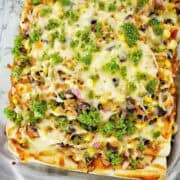 Tuna enchiladas with cheese and parsley on top in large baking dish.