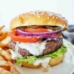 Hamburger with white sauce dripping down the front on white plate with fries.